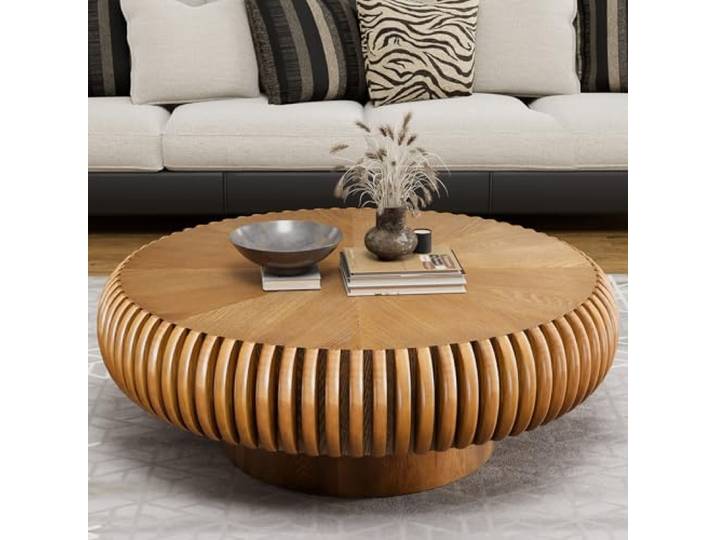 RZTPYS Moderner Trommel-Couchtisch, Brown 100cm Runder Holz-Couchtisch Mit Rillen, Runde Akzent-Mittelkonsole Für Wohnzimmer, Wohnung, Büro Und Kleine Räume