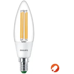 Besonders effiziente PHILIPS E14 LED Filament Lampe in Kerzenform 2,3W wie 40W warmweißes Licht 3000K - Beste Energie Effizienz Klasse
