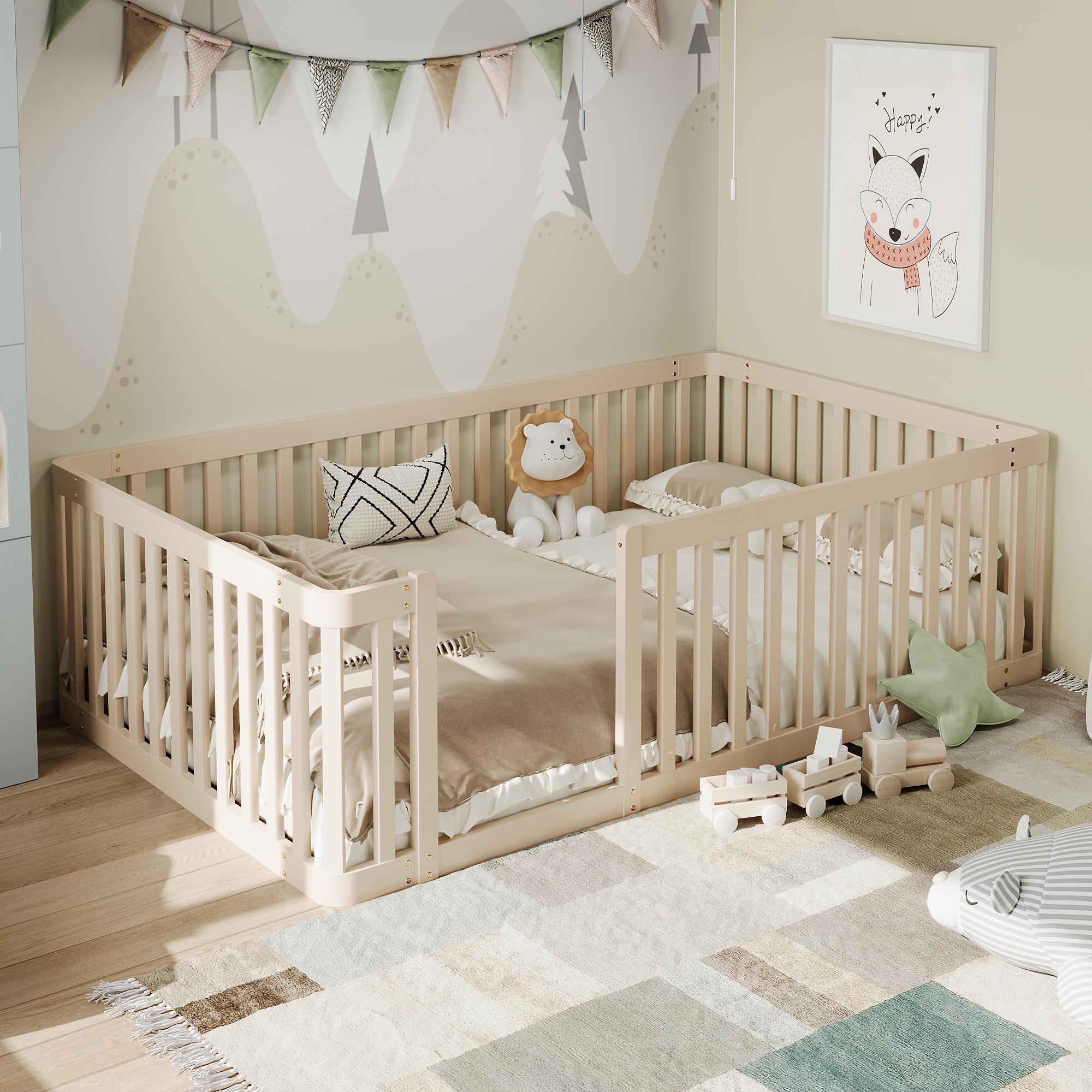 STILVORA Holzbettgestell 90x200 mit Matratze Bettgestell mit halbgeschlossenem Zaun und seitlicher Öffnung, Kinderbett aus Kiefernholz mit stabiler Konstruktion und hoher Belastbarkeit, Plattformbett niedrig mit bodennaher Bauweise , Creme