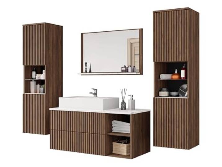 Mirjan24 Badmöbel Set Kormen Rillen III mit Waschbecken und Siphon, 6 offenen Fächern, 8 Einlegeböden 2 Schubladen, Oberplatte - Marmor-Optik, Badezimmer Komplett (Nuss Warmia + Marmor Bianco)