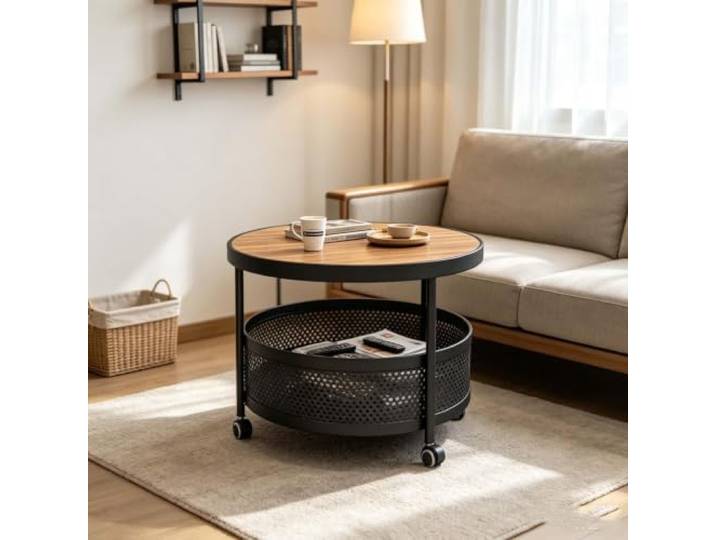 LCNDKF Industrial Round Coffee Table Rolling 2 Tier Black 1 Pack Small Round Coffee Table on Wheels, 2-Tier Round Coffee Table with Open Storage for Living Room, Bla