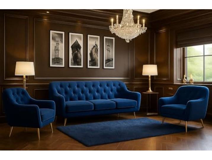 A&J MöbelLand GmbH Polstergarnitur Benito: 3-Sitzer Sofa + 2 Sessel – Wohnzimmer Set, modernes Design, Bonellfederkern, langlebige Qualität, Bezug in Dunkelblau