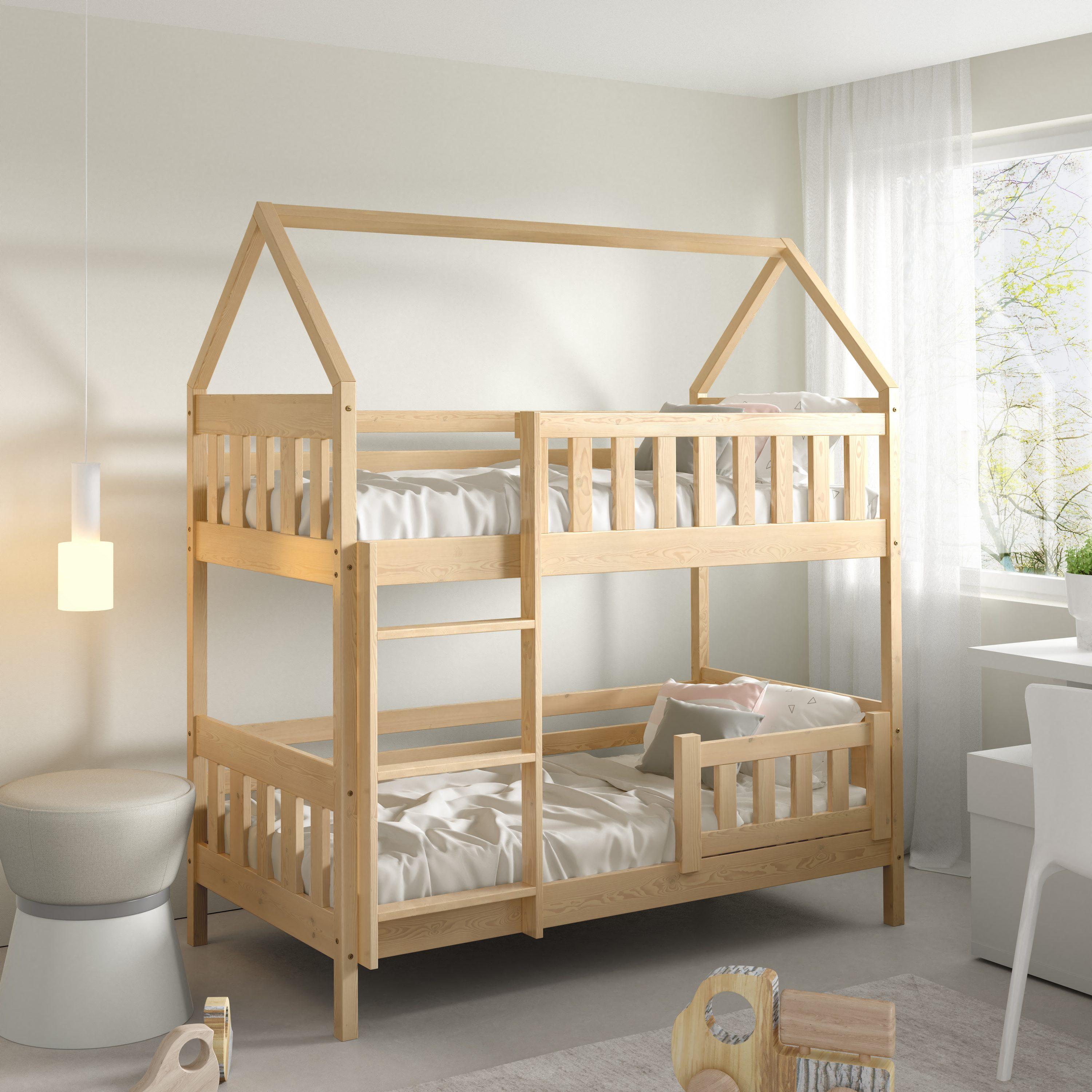 Masseno Etagenbett ELENA 80x160 cm mit Rausfallschutz, Kinderbett mit Leiter für Mädchen und Jungs, Stockbett 2 Kinder, Hausbett für Kinder, Kiefernholz