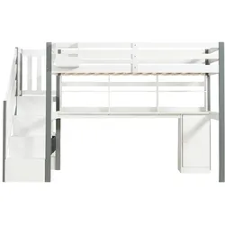 MODFU Halbhohes Bett aus Massivholz und MDF in Weiß/Grau, 90x200 cm, mit Schreibtisch, Regal und Stauraumtreppe
