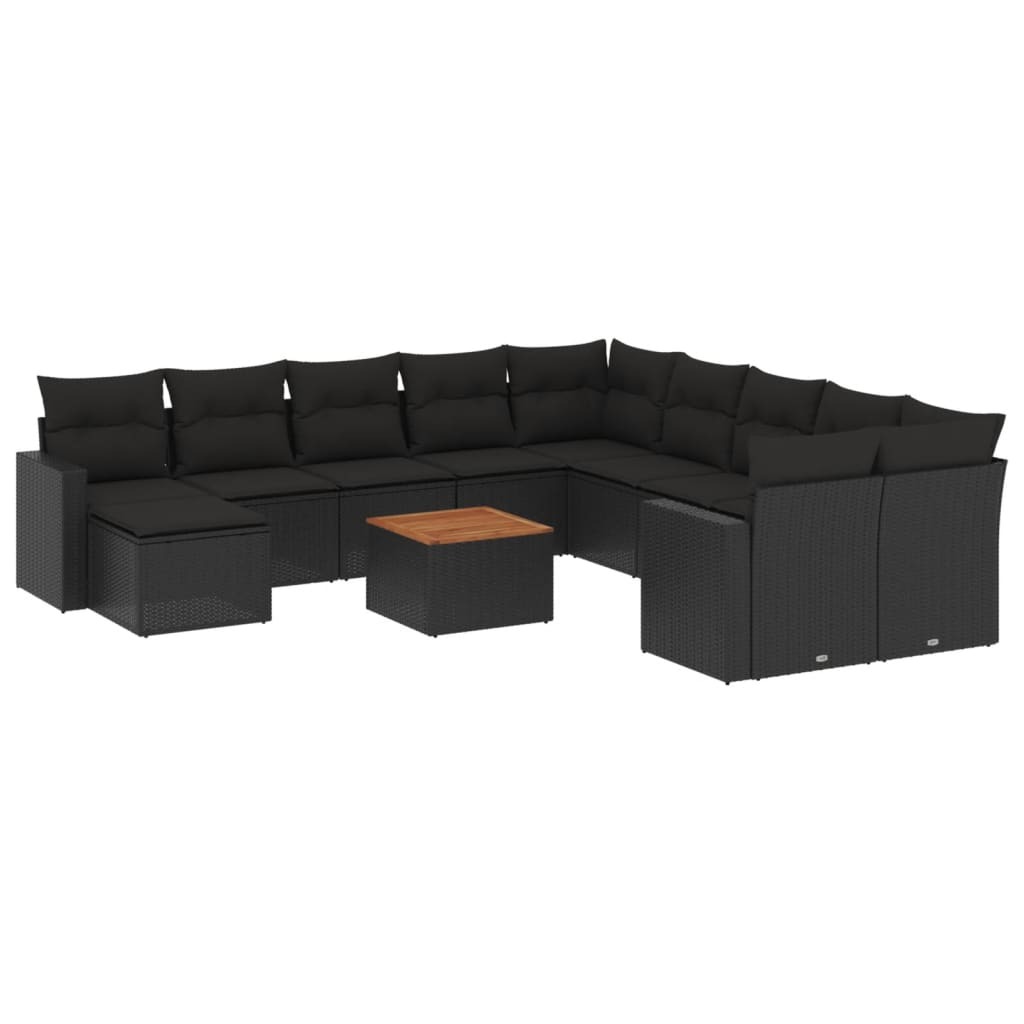 Modulare Garten-Sofagarnitur, 12-teilig, für Terrasse & Außenbereich, aus UV-beständigem Poly Rattan & Akazienholz, mit abnehmbaren Kissenbezügen