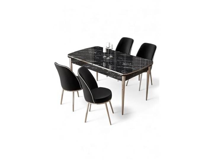 Modern Extendable Dining Table & Chairs Set (5 Pieces) - Black Marble & Chrome, 100% MDF, Stylish & Functional for Home & Dining Spaces