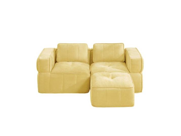 HOMVRA Canapé d'angle modulable 2 places avec pouf tissu polyester jaune sans montage