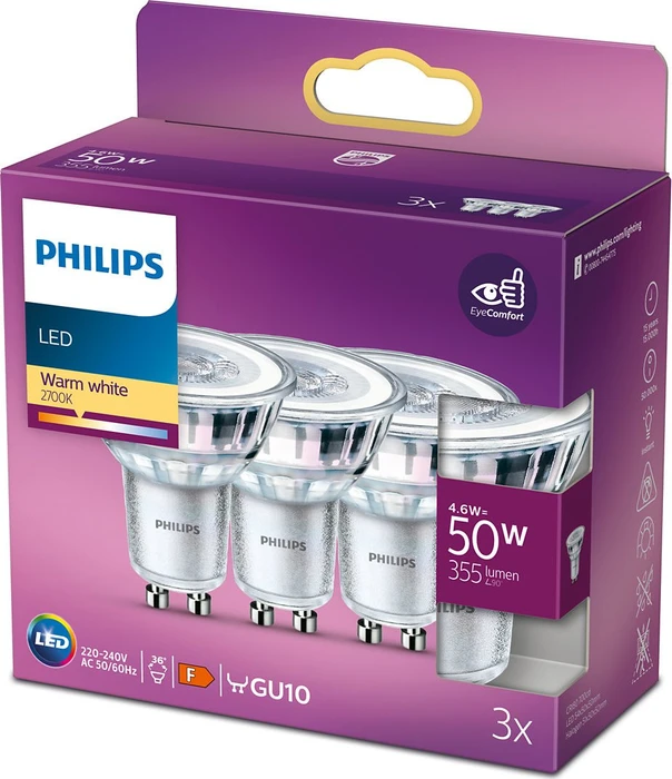 Philips LED Classic Spot 4,6 Watt - 50 Watt - GU10 - 2700 K - 3 Stück, 3 Stk