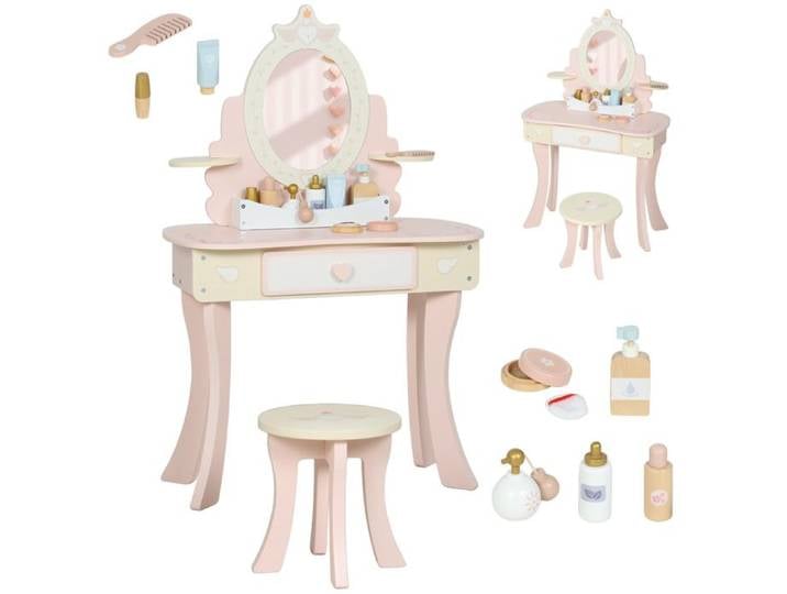 Coiffeuse enfant fille - table de maquillage - AIYAPLAY - 2 en 1 avec 7 accessoires de jeu miroir en acrylique tabouret - rose