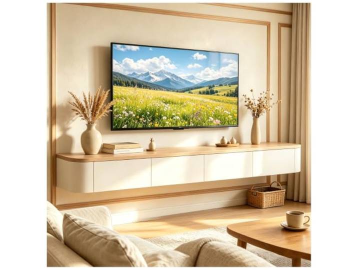 JUNFUNNLE TV Schrank 220cm Beige, TV Board Hängend, TV Lowboard mit 2 Schubladen 2 Klappen, Moderner Fernsehtisch mit Kabelmanagement, TV Tisch für Wohnzimmer und Esszimmer