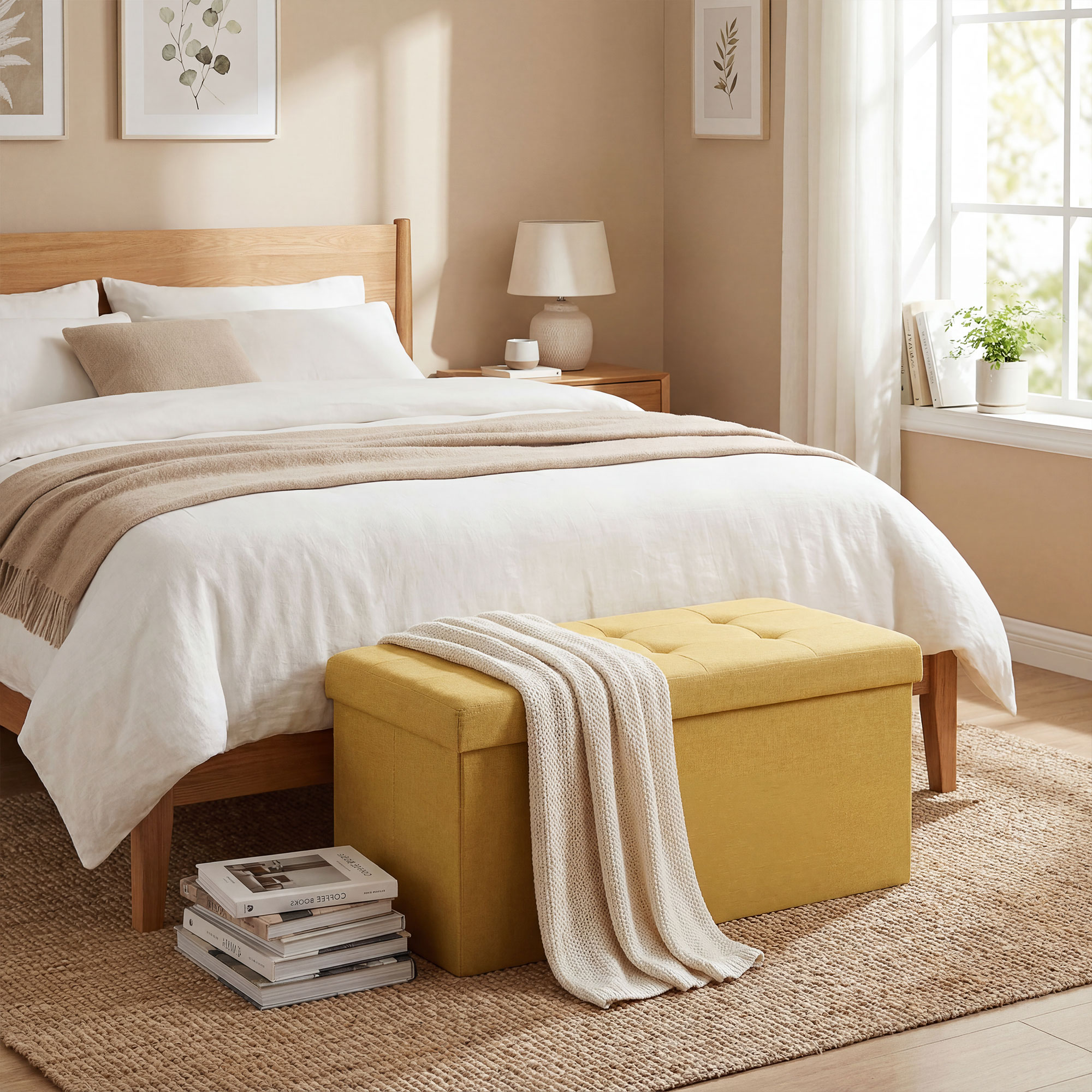 Homcom Pouf Contenitore, Panca Contenitore Pieghevole 84 L 76x38x38 cm Rivestimento in Lino Sintetico Giallo   Aosom Italy