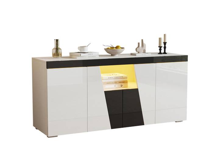 Redom Sideboard 140/40/65 cm aus Spanplatte mit LED-Beleuchtung, 4 Türen und verstellbaren Einlegeböden, Weiß/Schwarz, 140x65x40 cm, Kleinmöbel, Kommoden, Sideboards