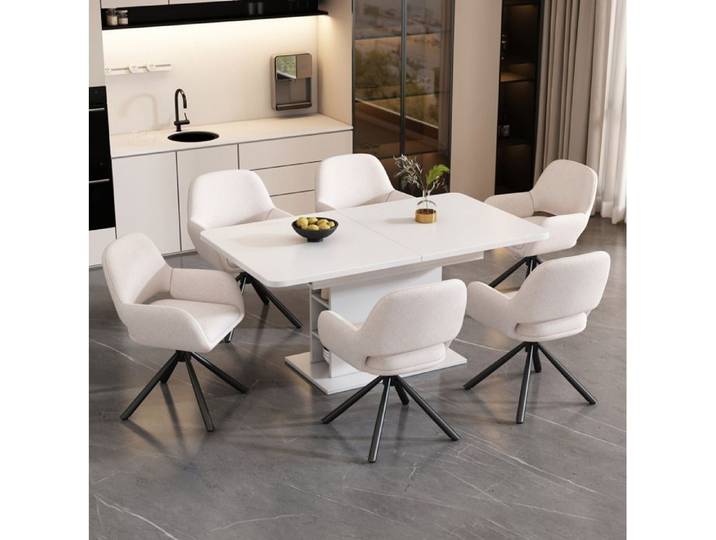 HOMVRA Ensemble table à manger extensible blanche avec rangement et 6 chaises en tissu sherpa