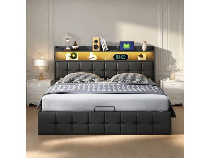 Lit 140x200 cm - COZY - LED - Tissu PU - Cadre double - Noir