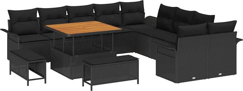 Modulares Garten-Sofaset, 12-Sitzer Lounge-Möbel mit höhenverstellbarem Esstisch, Poly-Rattan & Akazienholz, UV-beständig & wetterfest, Schwarz
