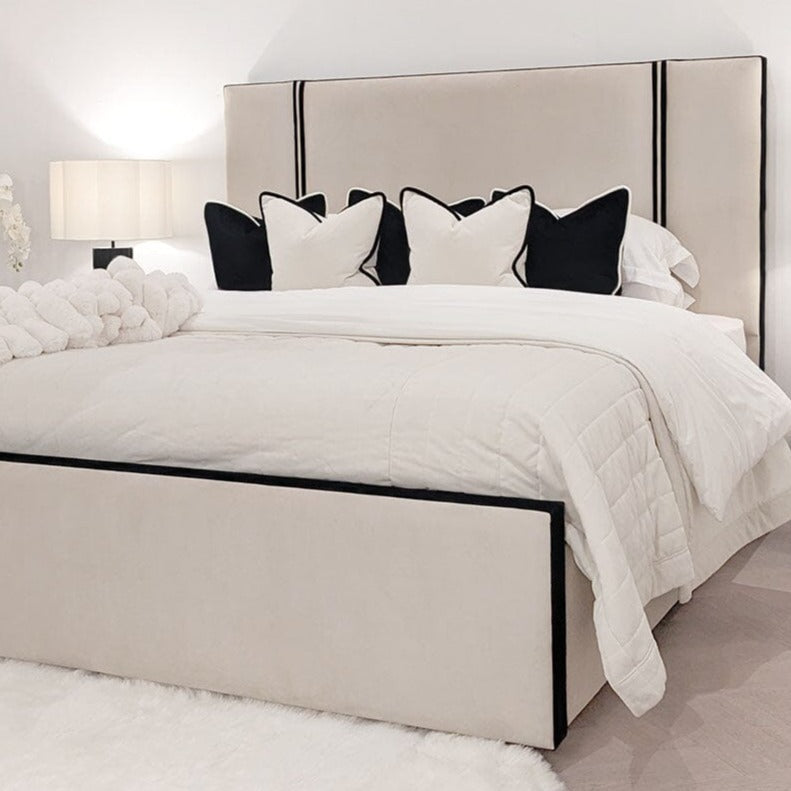 Alessi Vanilla Velvet Luxury Bed with Contrast Black Piping, King