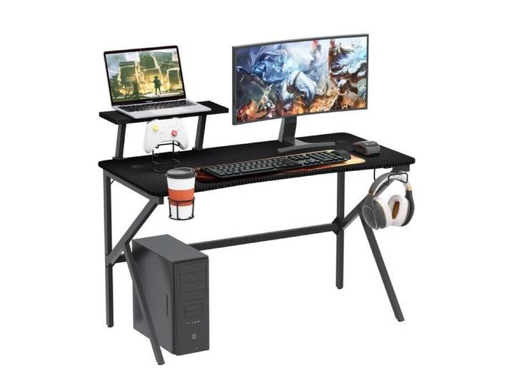 Bureau Gaming DHHOZAMZ en Forme de K avec Porte-gobelet et Crochet pour Casque - Noir