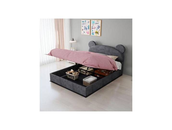 Lit coffre - SOGEU - 140x200 cm - Tissu gris - Tête de lit dessin animé - Sommier inclus