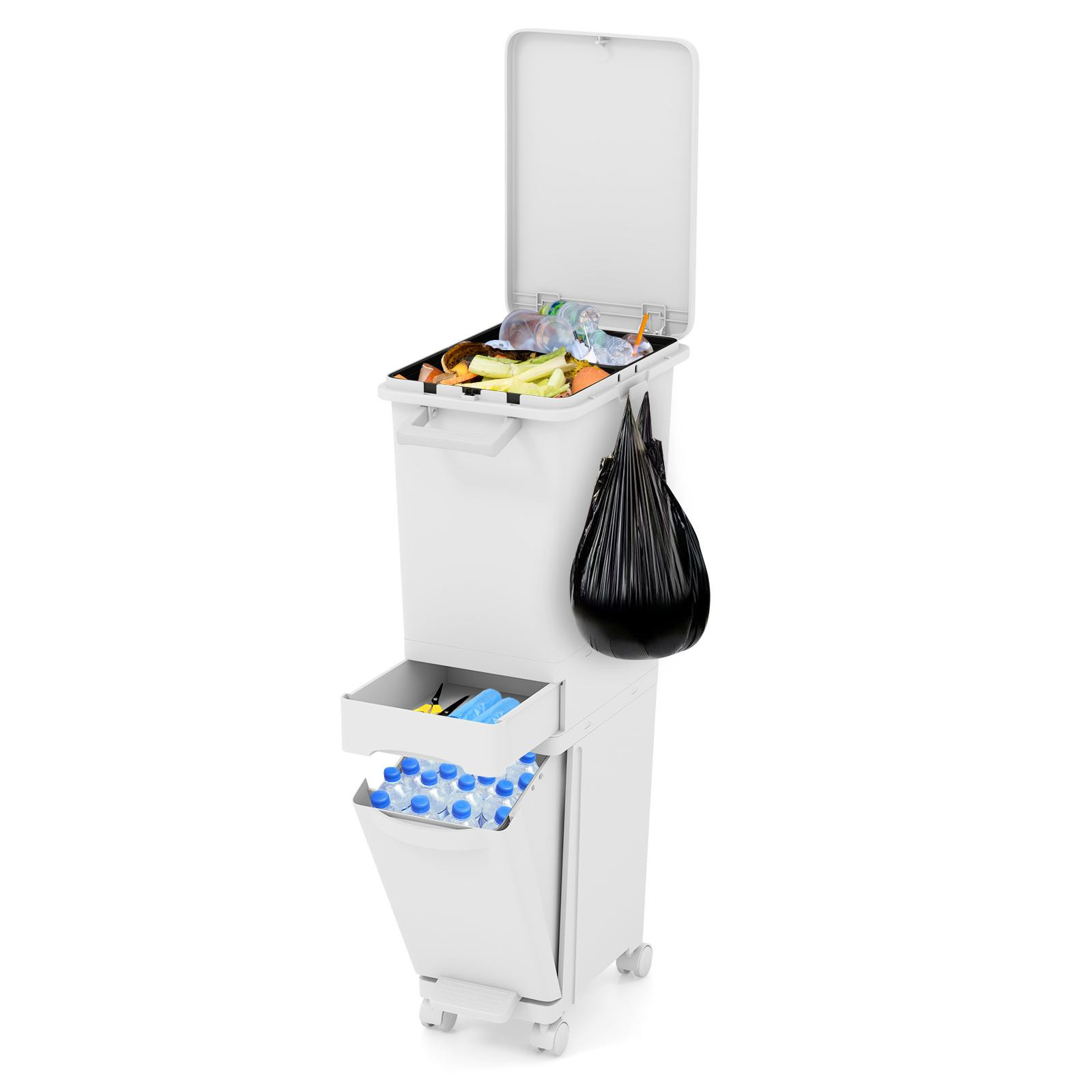 Costway multifunctionele 3-in-1 afvalbak met kantelbaar ondercompartiment, middelste lade en 2 bovenste compartimenten