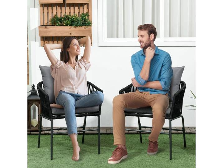 Chaise de jardin - Bohème - Lot de 2 - Noir - Cadre acier coussins amovibles
