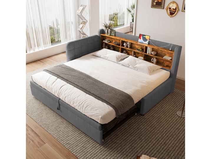 Canapé-lit Gigogne En Lin Gris 90x200 Cm Avec Lit Tiroir\, Ports Usb Et Usb-c\, Rangement Intégré