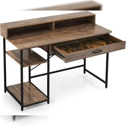 COSTWAY Schreibtisch mit Schublade, Monitorständer & 2 offenen Regalen, Computertisch mit Metallrahmen, PC-Tisch, Bürotisch