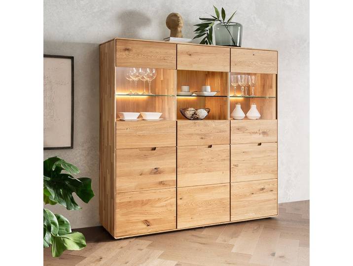 Lomadox Highboard WISLA-69, Eiche massiv, 149 cm, LED Beleuchtung, Softclose, montiert