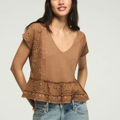 Lucky Brand Eyelet Fashion Swing Tee - Women's Clothing Tops Shirts Tee Graphic T Shirts in Cafe Creme, Size L
