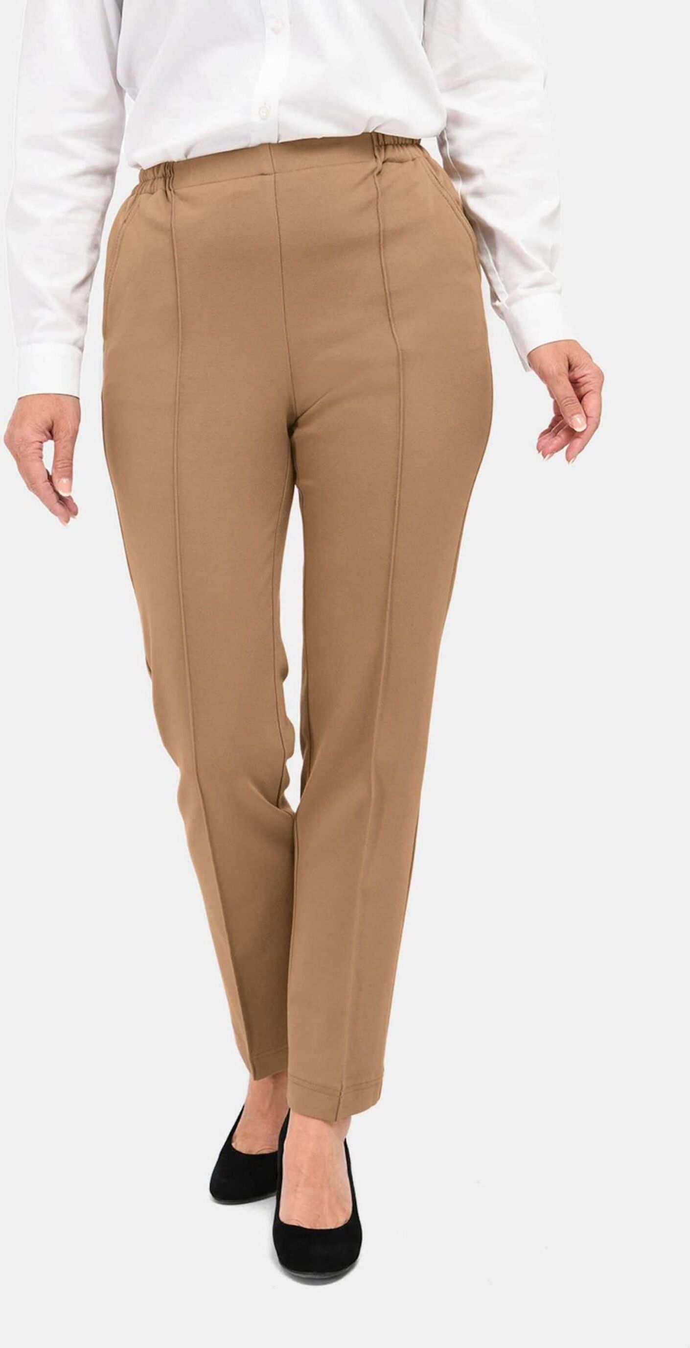 Schlupfhose GOLDNER "Kurzgröße Jersey-Schlupfhose Martha", Damen, Gr. 19, K-Gr, braun (camel), Obermaterial: 68% Viskose CV. 27% Polyamid PA. 5% Elasthan EL., normal, Hosen Schlupfhose, Abgesteppte Biesen: wirken streckend
