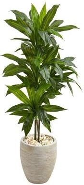 Nearly Natural Artificial 4-foot Dracaena Plant in Sand Colored Planter (Real Touch) - Green