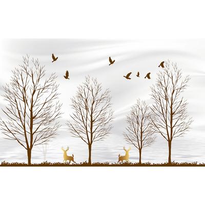 Fototapete PAPERMOON "Bäume mit Hirschen und Vögeln", bunt, B:4m L:2,6m, Vlies, Tapeten