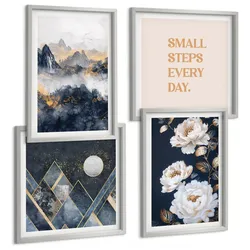 BILDER SET 4er Set - 50x50 cm & 40x60 cm Silberner Rahmen - Abstrakte Berge und Blumen Inspiration