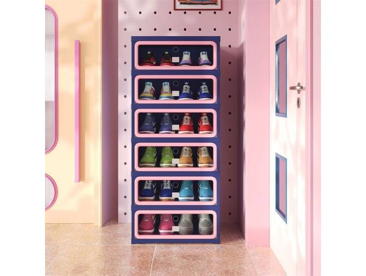 Meuble à chaussures - 6 niveaux - pliable - portes magnétiques transparentes PET - Armoire à chaussures - Bleu et Rose