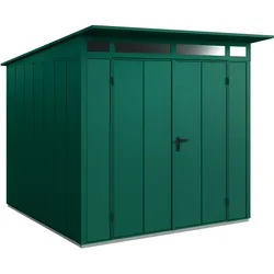 Hörmann Metall-Gerätehaus EcoStar Premiumline mit Pultdach B 238 x 238 cm (Typ 2), Motiv Design (mit breiten Lamellen), Doppeltür, Moosgrün (RAL 6005)