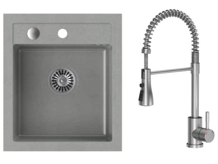 VBChome Spülbecken mit Armatur 43 x 50 cm Grau Granit Einzelbecken Einbauspüle gesprenkelt reversibel Verbundspüle + Siphon Waschbecken