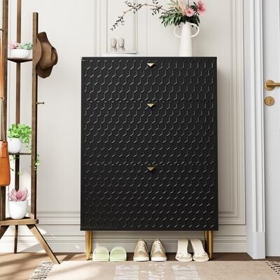 Clihome Wood 24 Pairs Shoe Storage Cabinet with 3 Flip Drawers