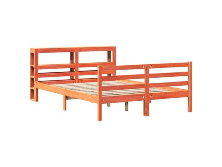 KTHLBRH Bett aus Kiefernholz, braun, gewachst, 120 x 190 cm Lattenrost inklusive, Kopfteil mit 2 Regalböden, selbsttragend, robuste Struktur