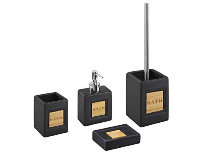 Badezimmer Set schwarz/Heller Holzfarbton 4-teilig Dolomit mit Aufschrift Kourou