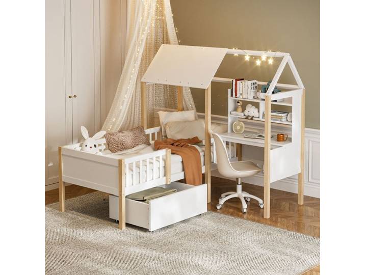 Lit 90 x 200 cm - Lit combine - Lit enfant- Bureau et bibliothèque - Blanc