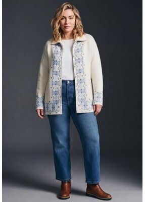 Plus Size Women's Fairisle Zip Front Cardigan by Avenue in Ivory Fairisle Border (Size 14)