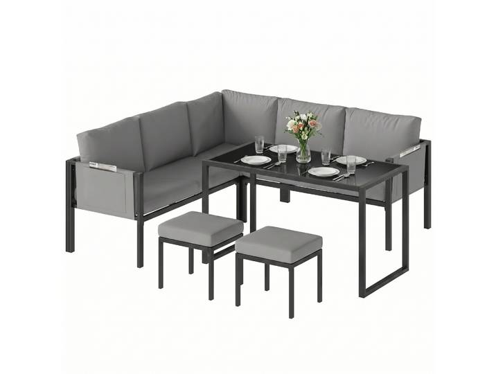 Outsunny – Salon De Jardin 6 Pièces Angle Extérieur Avec Coussins 10cm – Cadre Acier Galvanisé – Table Haute 120x60cm – 2 Repose-pieds Gris