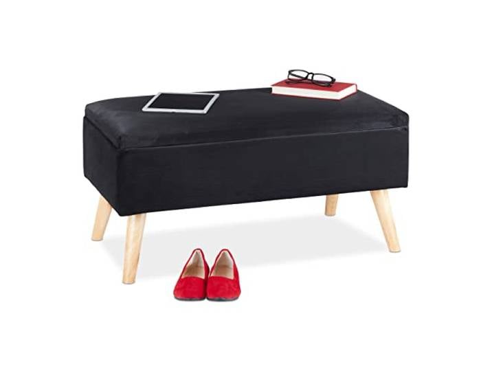 Relaxdays Banc siège avec Espace de Rangement\, Housse Velours\, 40 l\, rembourré\, Pieds en Bois\, entrée\, 41x80x40c\, Noir