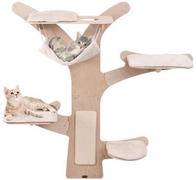 Costway Wall-Mounted Cat Tower with Hammock Platforms and Sisal Scratching Mat-Natural