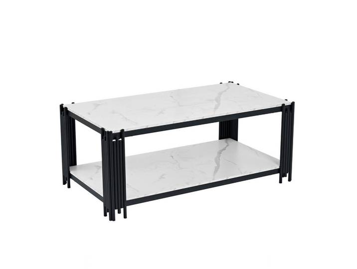 Redom Couchtisch 64/114/46 cm mit 2 Ablagen, Marmoroptik und Metallgestell, Weiß/Schwarz, 64x46x114 cm, Wohnzimmer, Wohnzimmertische, Couchtische