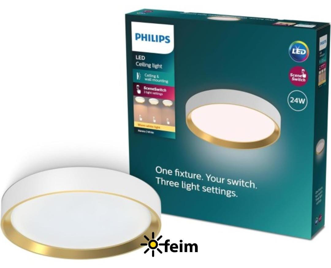 Philips Plafondlamp LED Wit en Goud/Messing, Dimbare Modern Ronde Plafondverlichting, 24W, Warm Wit, IP20