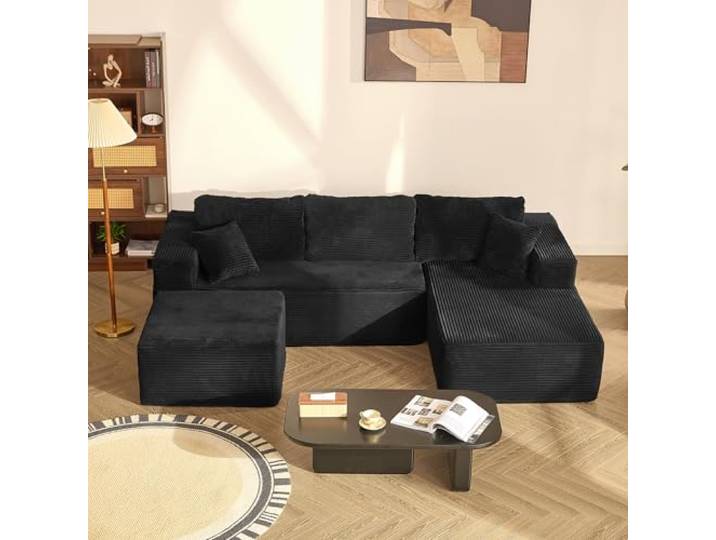 Litbird U-förmiges modulares Ecksofa 272 cm mit Schlaffunktion, rahmenloses Oversize Schlafsofa mit Chaiselongue Links, extra Tiefe Sitzfläche, montagefrei – für Wohnzimmer & Schlafzimmer,Schwarz