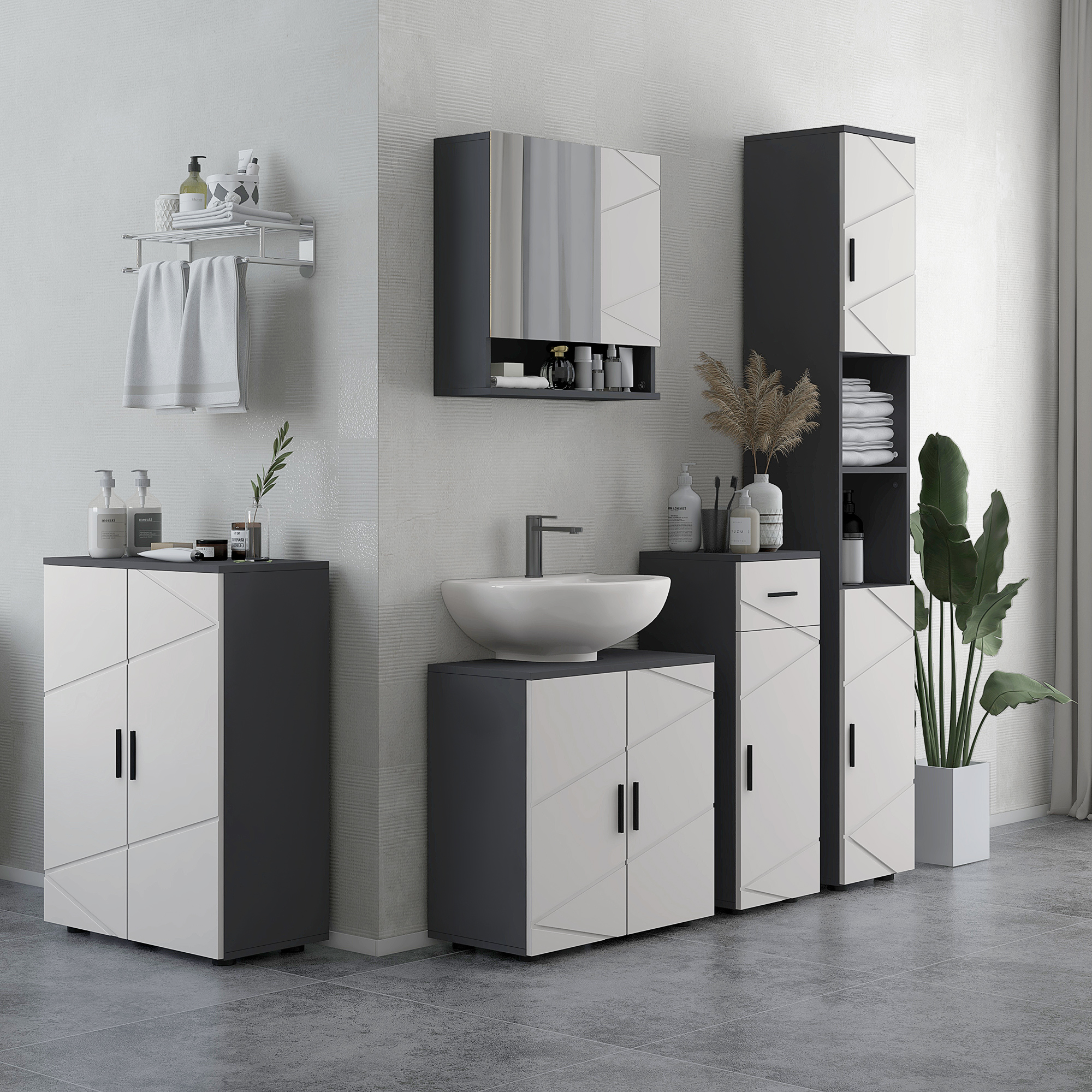 Kleankin Mobiletto Bagno 2 Ante in Legno con 3 Ripiani e Chiusura Ammortizzata, 60x30x82cm, Grigio Aosom