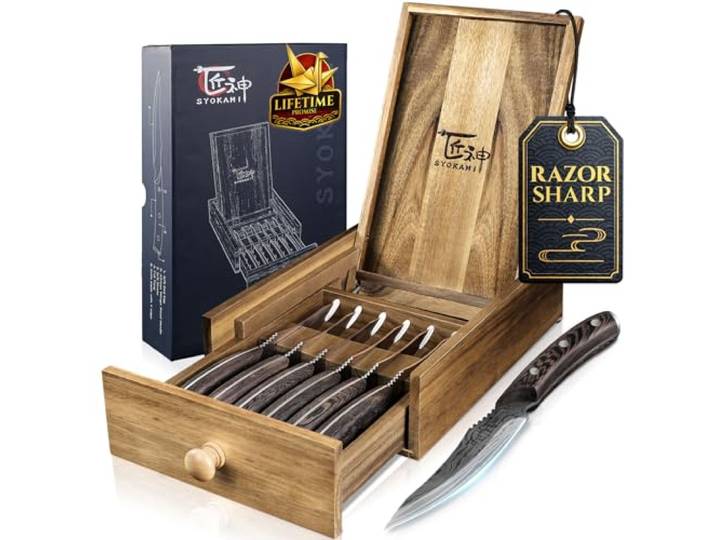 SYOKAMI 12,2 cm Steakmesser Set 6 Teilig mit Schubladen Organizer Hochkohlenstoff Japanischer Edelstahl Fleischmesser ohne Wellenschliff mit Holzgriff Damastmuster, Razor-Sharp Dinner Knives