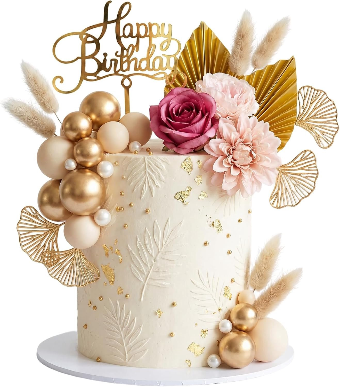 Vemera Taartdecoratieset met 27 stuks in boho stijl met kunstbloemen en gouden palmbladeren