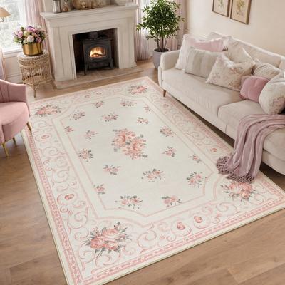 Bluebell Boho Floral Washable Area Rug, Non-Slip Low Pile Carpet, Soft Faux Wool Oeko-Tex, 5x7/8x10 Pink/Blue